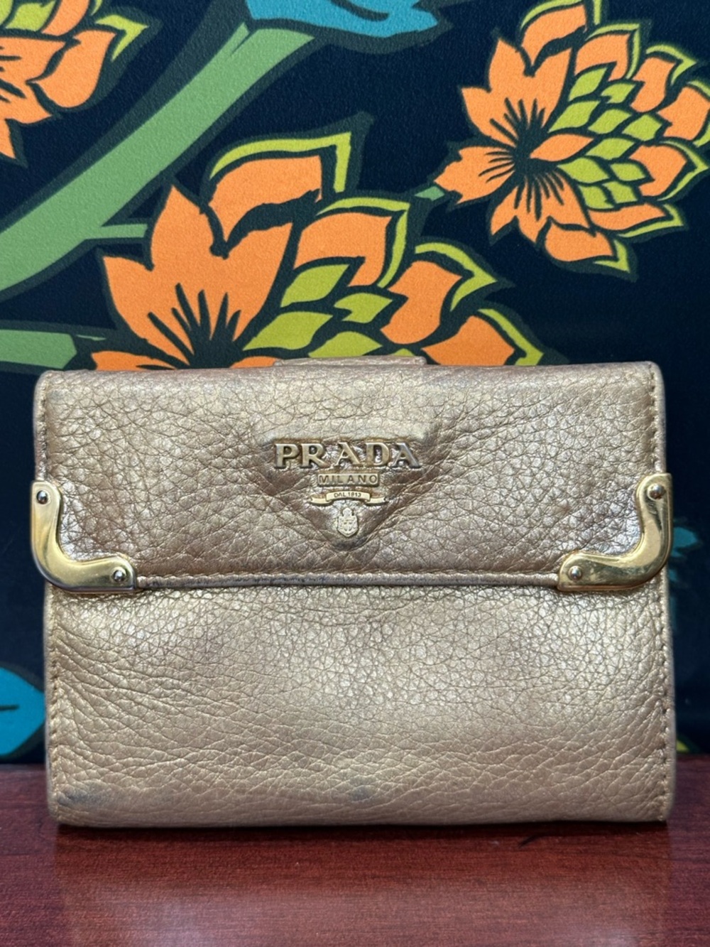 Prada Metallic Gold Leather Wallet Fold Over Long Wallet Milano Italy - Picture 6 of 14